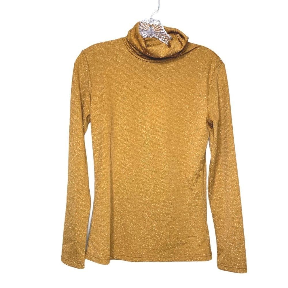 Kourt Turtleneck Women Mustard Gold Metallic Shimmer Glam Stretch Long Sleeve M